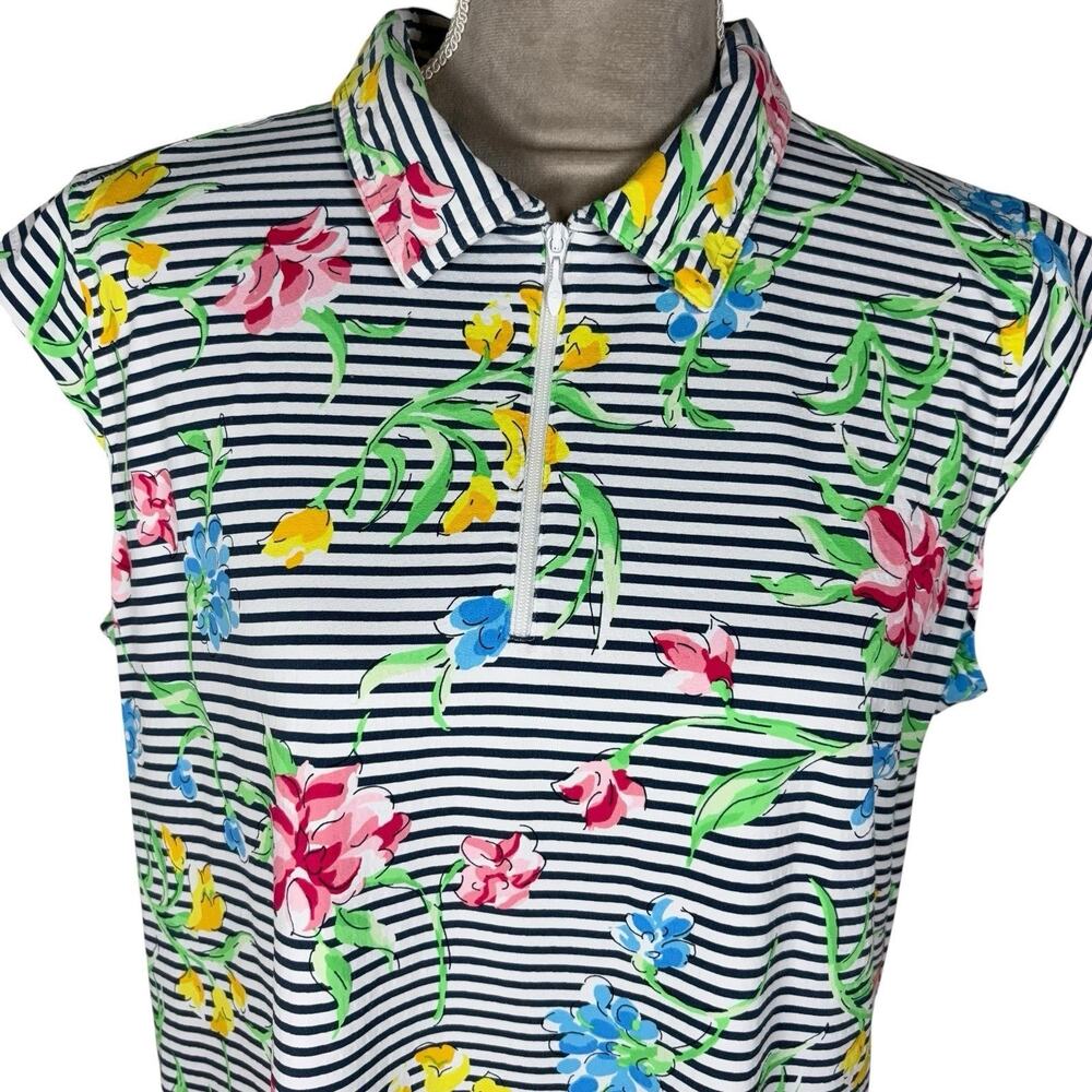 IBKUL 1/4 ZIP Golf Top Women's Size XL Floral Striped Cap Sleeve Activewear UPF
